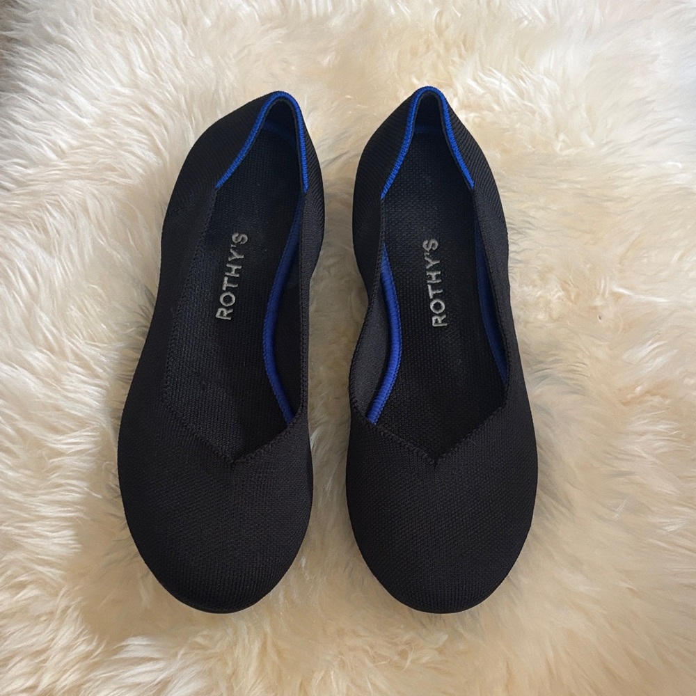 Rothy's Black Slip-On Ballet Flats with Blue Trim